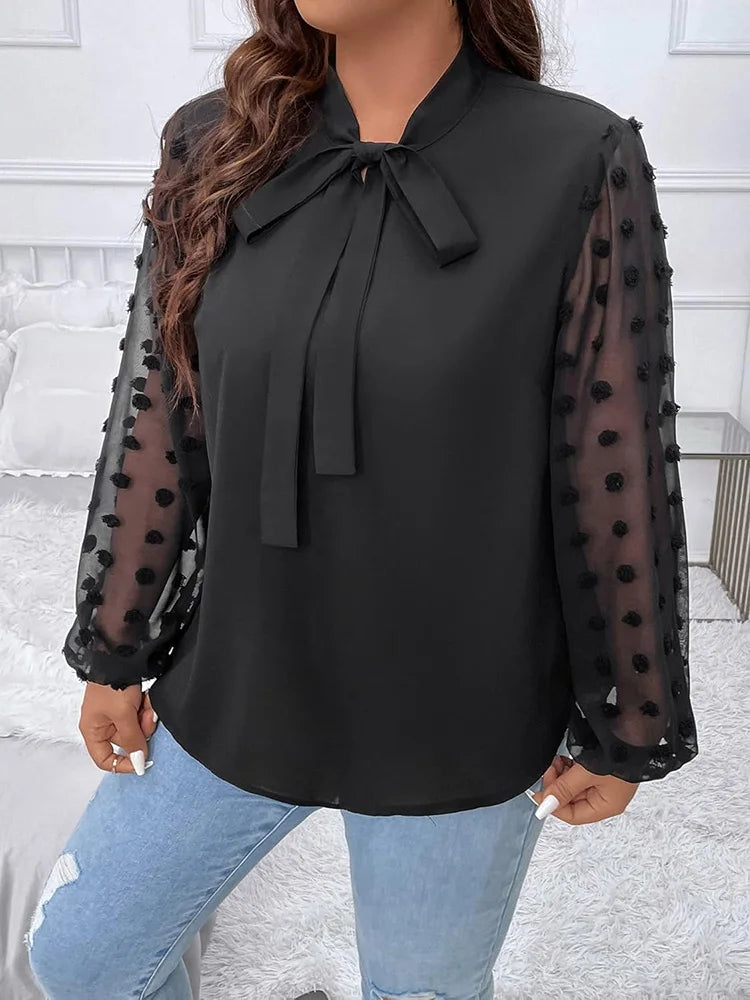 GIBSIE Plus Size Elegant Bow Tie Neck Mesh Sleeve Top Blouse Women Spring Autumn Lantern Sleeve Office Lady Black Shirt Blouses