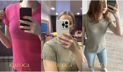 Kozoca 100% Wool Chic White Elegant Striped See Through Women Tops Outfits Short Sleeve T-Shirts Tees Skinny Club Party Clothes