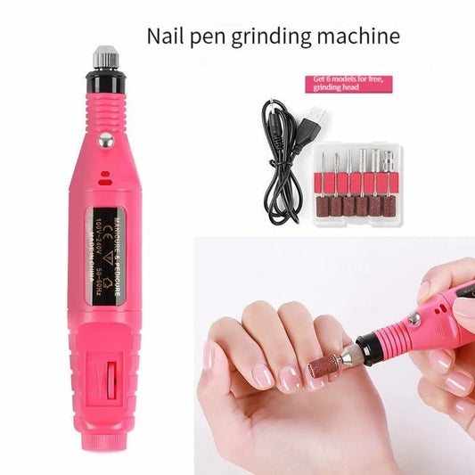 Fushia Pink USB Electric Nail Drills Kit Remove Polish Manicure Pedicure 6pcs Nail File Sanding Bands Machine Nail Art Pen