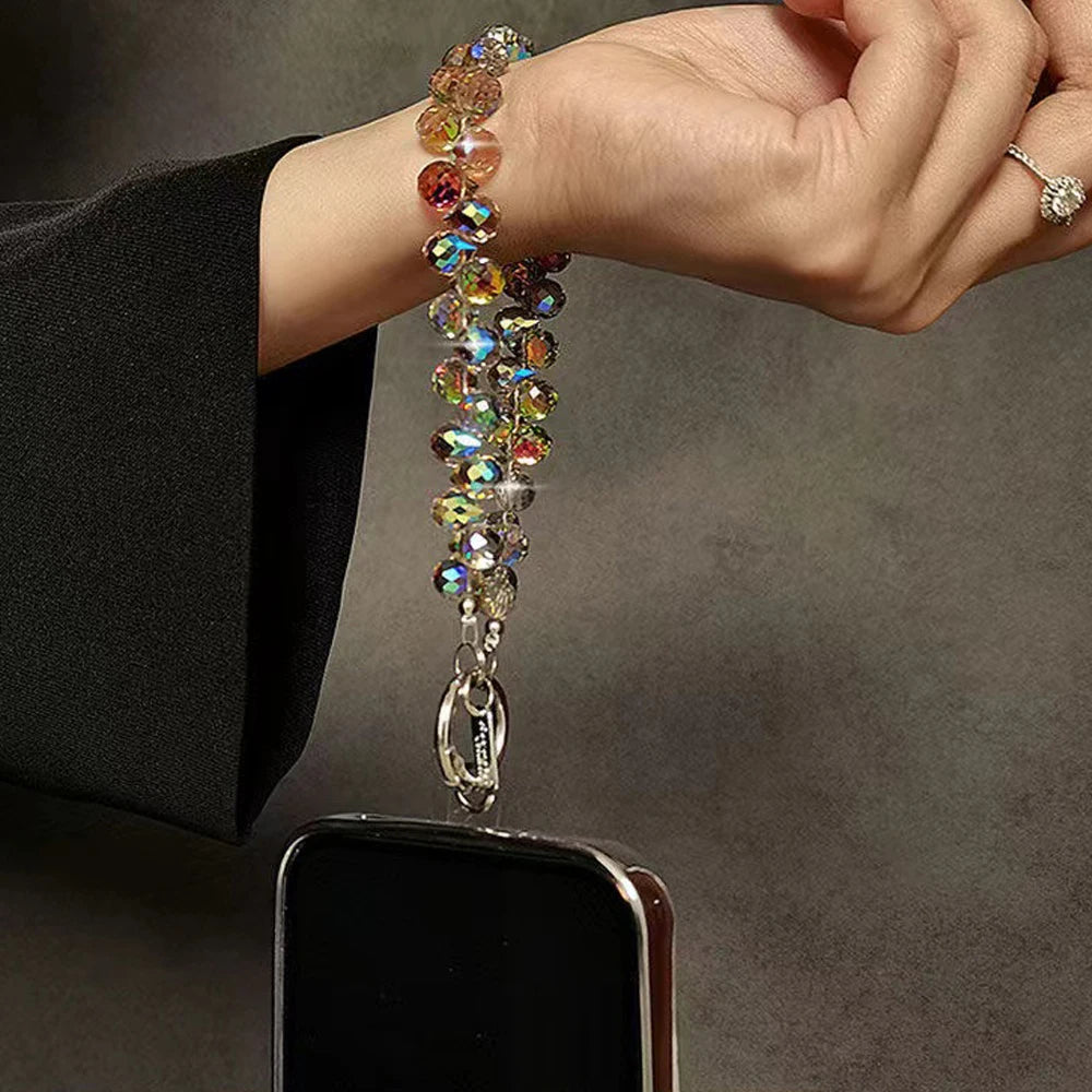 Y2K Luxury Crystal Beads Portable Chain Wrist Short Lanyard With Clip Piece Mobile Phone Case Trendy Ornament Universal