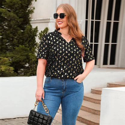 GIBSIE Plus Size Gold Print V-Neck Blouse For Women Fashion 2023 New Summer Short Sleeve Sweet Casual Streetwear Tops Blouses