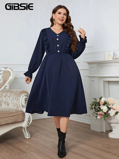 GIBSIE Plus Size Solid Button Front Frill Trim Midi Dresses Women Spring Fall Casual Long Sleeve Female Elastic A-Line Dress