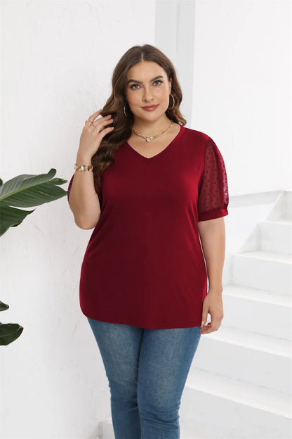 GIBSIE Plus Size Solid V-neck Swiss Dot Puff Short Sleeve T Shirt Women 2023 Fashion Summer Loose Casual Female T-Shirts Tops