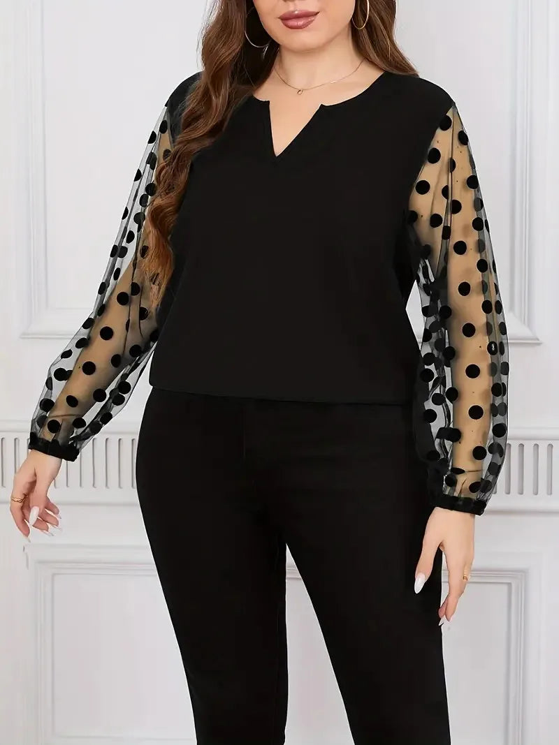 GIBSIE Plus Size Notch Neck Dot Mesh Long Sleeve Blouse Women Spring Summer Black Elegant Office Ladies Casual Tops Blouses