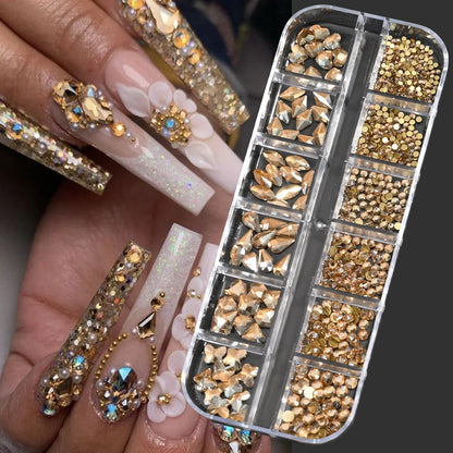 12Grids Mixed-Shape Gold Diamond Nail Rhinestones Non Hot Fix Flatback Crystal Charms 3D Glitter Nail Rhinestones Maincure Decor