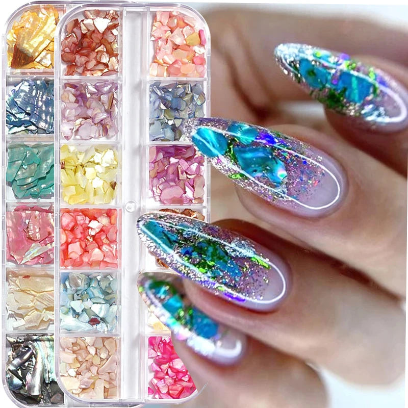 12Grids Glitter Mica Shell Nail Decoration Slice Texture Nail Sequins Broken Glass Mica Glitter Nails Accessories