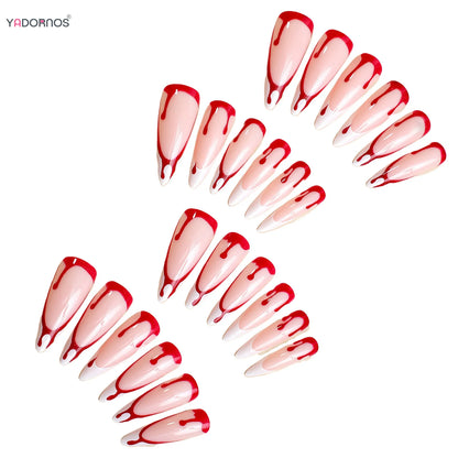 Halloween Press on Nails Long Stiletto White French Style Fake Nails Women Girls Party Charms Manicure Red Blood Designs 24Pcs