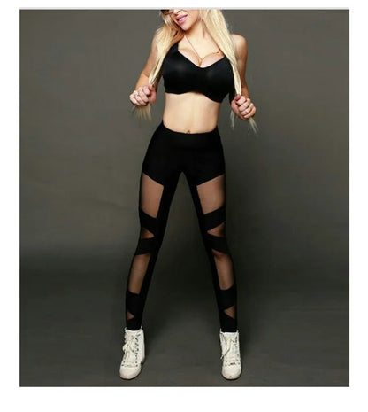 High Waist Women Leggings Mesh Stitching Cross Sports Pants Sexy See-Through Mesh Yoga Pants High Elastic dance Nightclub pants