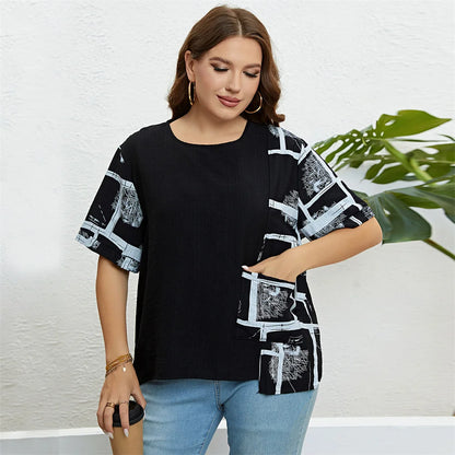 GIBSIE Plus Size Patch Pocket Loose Print T Shirt Women Summer New Fashion Korean O-Neck Short Sleeve Female Casual Tops 2023