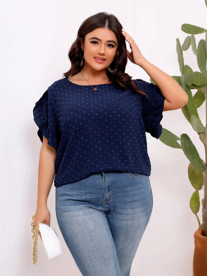 GIBSIE Plus Size Swiss Dot Ruffle Sleeve Top Blouse Women Summer Solid Casual Boho Round Neck Loose Short Sleeve Shirt Tops