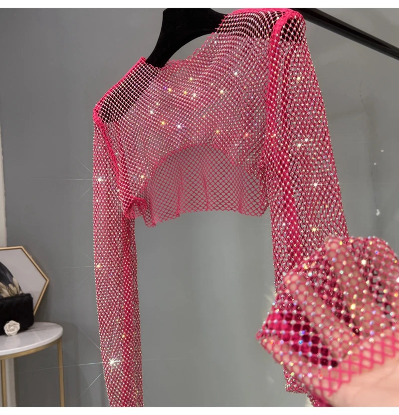 Summer Thin Color Diamond Half Top, Net Diamond, Sunscreen, Long-sleeved Camisole, Glittering Party, Skirt and Blouse