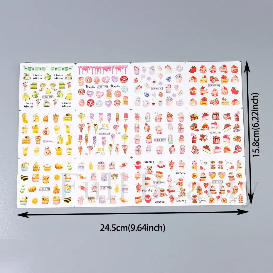 Sweet Desserts Nail Art Water Transfer Decals Stickers Mix Macaron Cake Candy Drink Ice Cream Cartoon Sliders Wholesale LABN2701