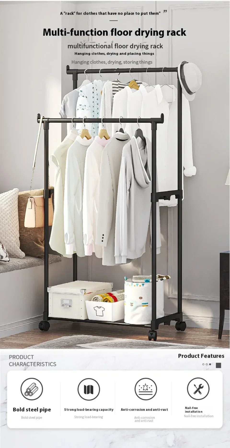 Coat Rack Movable Double Clothes Shelf Simple Rod Clothes  Floor-Standing Bedroom Telescopic Floor Hangers Storage Coat Rack