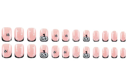 24Pcs Halloween Short Fake Nails with Pumpkin Spider Design Cartoon Nail Art Cute French Full Cover Press on Nail Tips for Girls