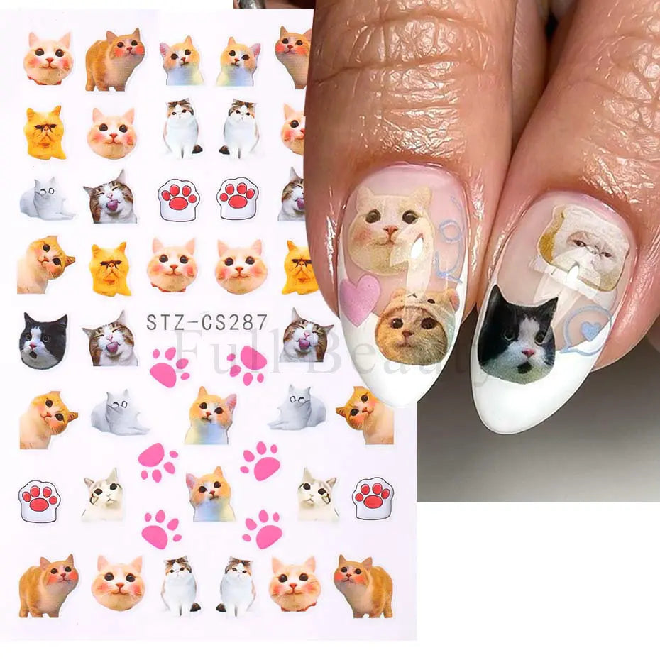 Lovely Cat 3D Nail Decals Cartoon Cute Pink Cat Claw Kitten Self Adhesive Slider Nail Art Sticker Kawaii Animals Manicure Decor