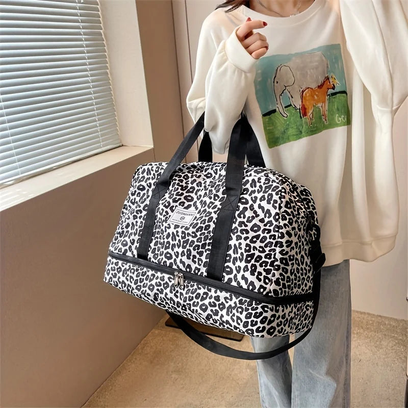 Spacious & Durable Women's Carry-On Travel Bag with Animal Print Nylon Large Capacity Sports Gym Bag  Weekend Overnight Bag