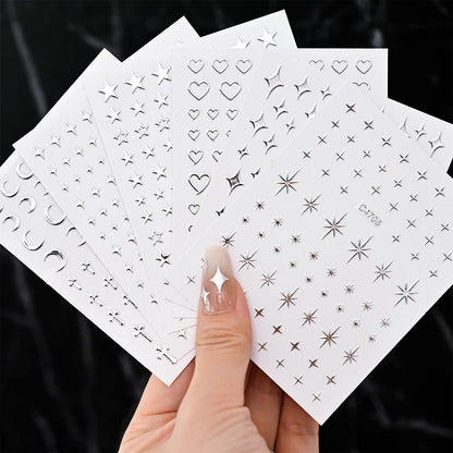 6 Sheets Metal Silver Nail Stickers Metallic 3D Star Nail Art Stickers Decals Self-Adhesive Nail Art Stickers Metal Chain Heart