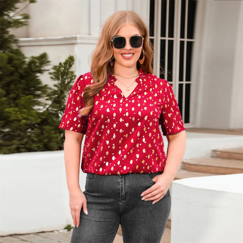 GIBSIE Plus Size Gold Print V-Neck Blouse For Women Fashion 2023 New Summer Short Sleeve Sweet Casual Streetwear Tops Blouses