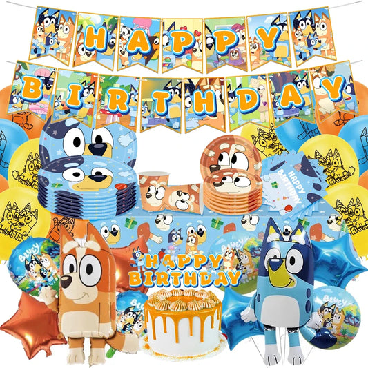 Cute Bluey family Dog Birthday Party cutlery plate Disposable Banner Cake Topper Hanging Flag Balloons Set Birthday Decorations