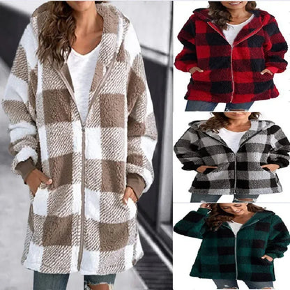 Fashion simple autumn and winter plush women's coat new long sleeve plaid thick warm hooded zipper with pocket loose coat