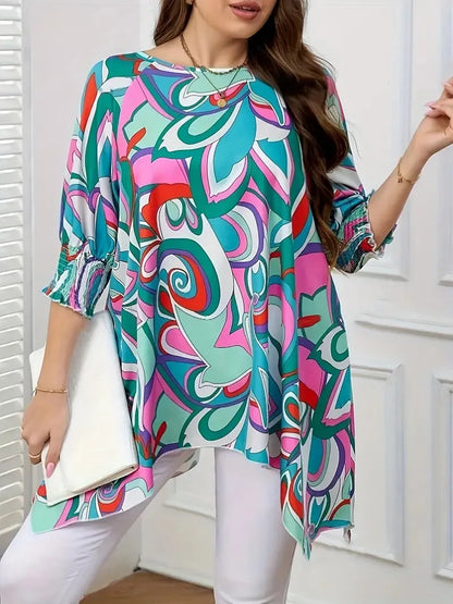 GIBSIE Plus Size Round Neck 3/4 Sleeve Print Tops Women Summer Loose Casual Asymmetrical Hem Long Blouses Women's Clothing