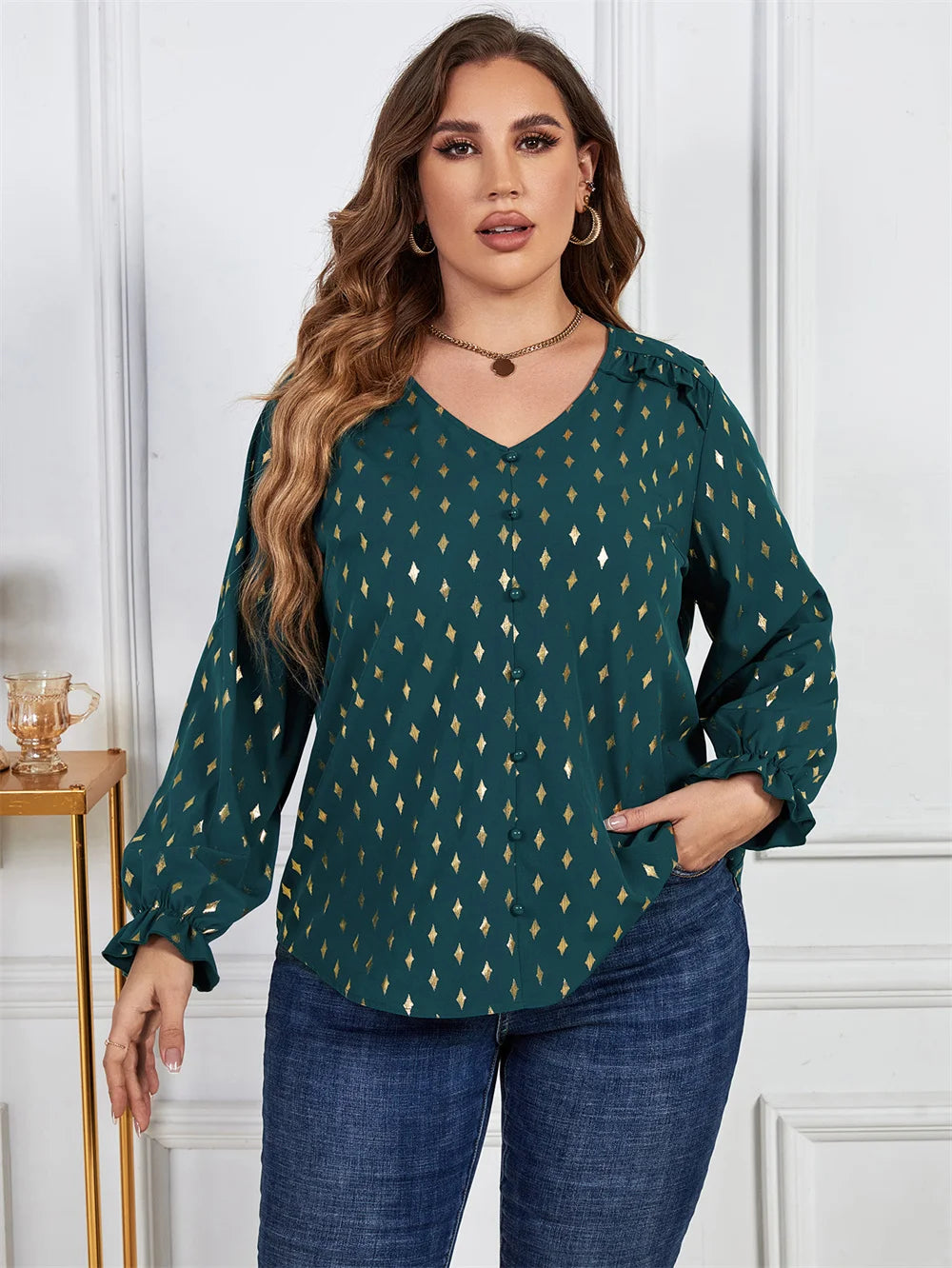 GIBSIE Plus Size Gold Print Frill Trim V-Neck Blouse Women Spring Fall Buttons Casual Long Sleeve Ladies Tops And Blouses 2023