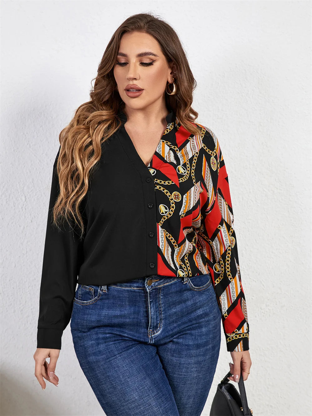 GIBSIE Plus Size Notched Neck Chain Print Colorblock Women Shirts 2023 Spring Fall Fashion High Street Long Sleeve Tops Blouses