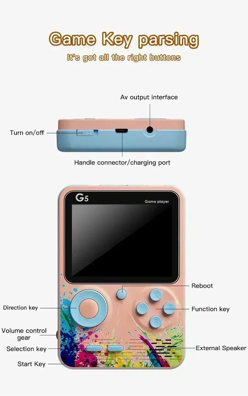 G5 Retro Handheld Game Console With 500 Classic Games 3.0Inch Screen Portable Gamepad Macaron Color 1020mAH Rechargeable Battery