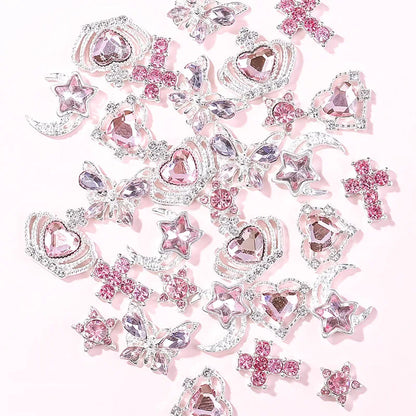 30Pcs Pink Nail Charms Alloy Rhinestones 3D Star Butterfly Heart Cross Gem Nails Crystal Diamond Nail Art Decoration Accessories