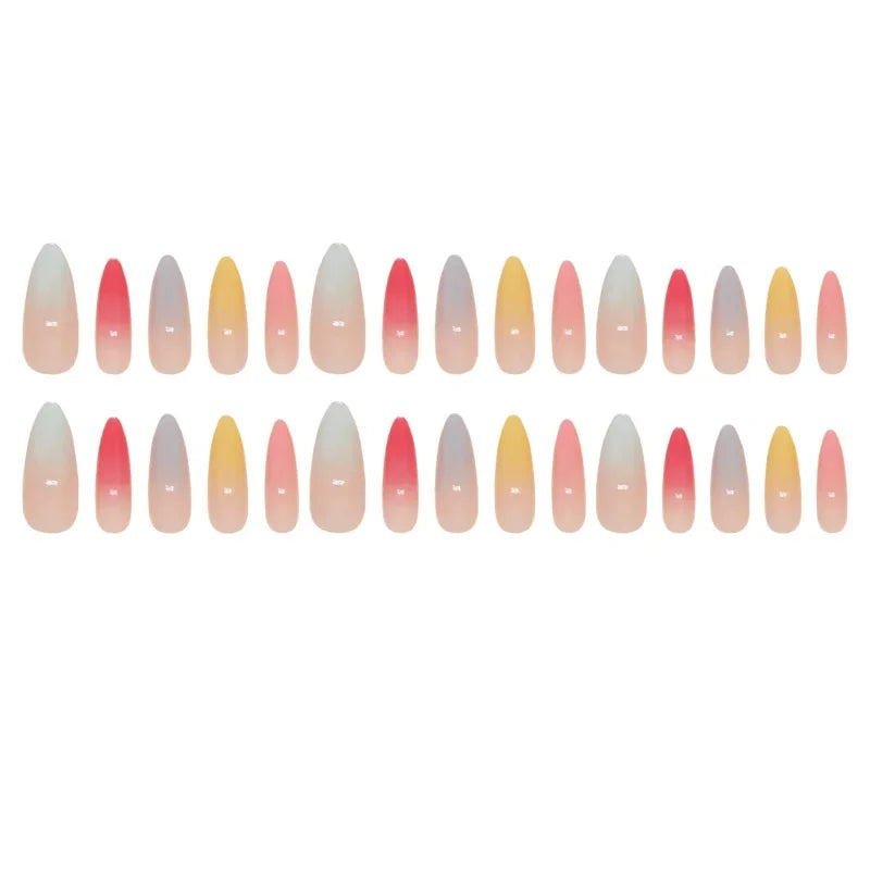 24Pcs Rainbow Almond False Nails with Glue Long Simple Fake Nails French Acrylic Nail Press on Full Over Wearable Nail Tips