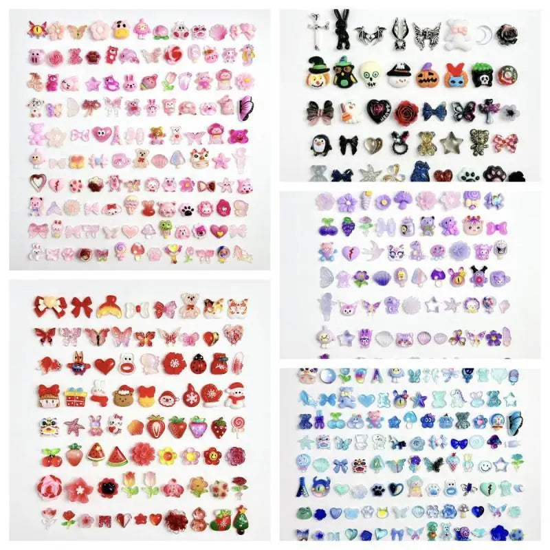 50pcs Random Mixed Resin Heart Flower Butterfly  Nail Charms Cartoon Animal Fruit Series Nail Art Decoration DIY Manicure