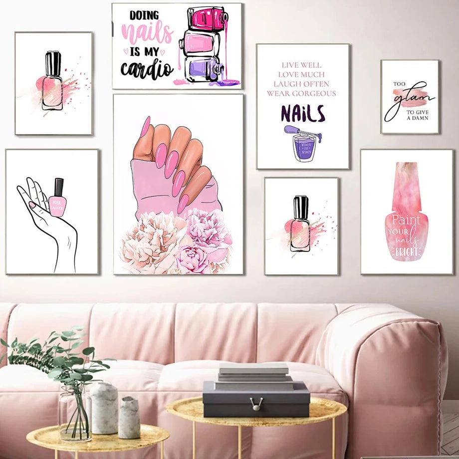 Nail Polish Wall Posters Eyelash Art Prints Pictures Beauty Salon Mural Nordic Manicure Canvas Painting Store Pink Room Decor