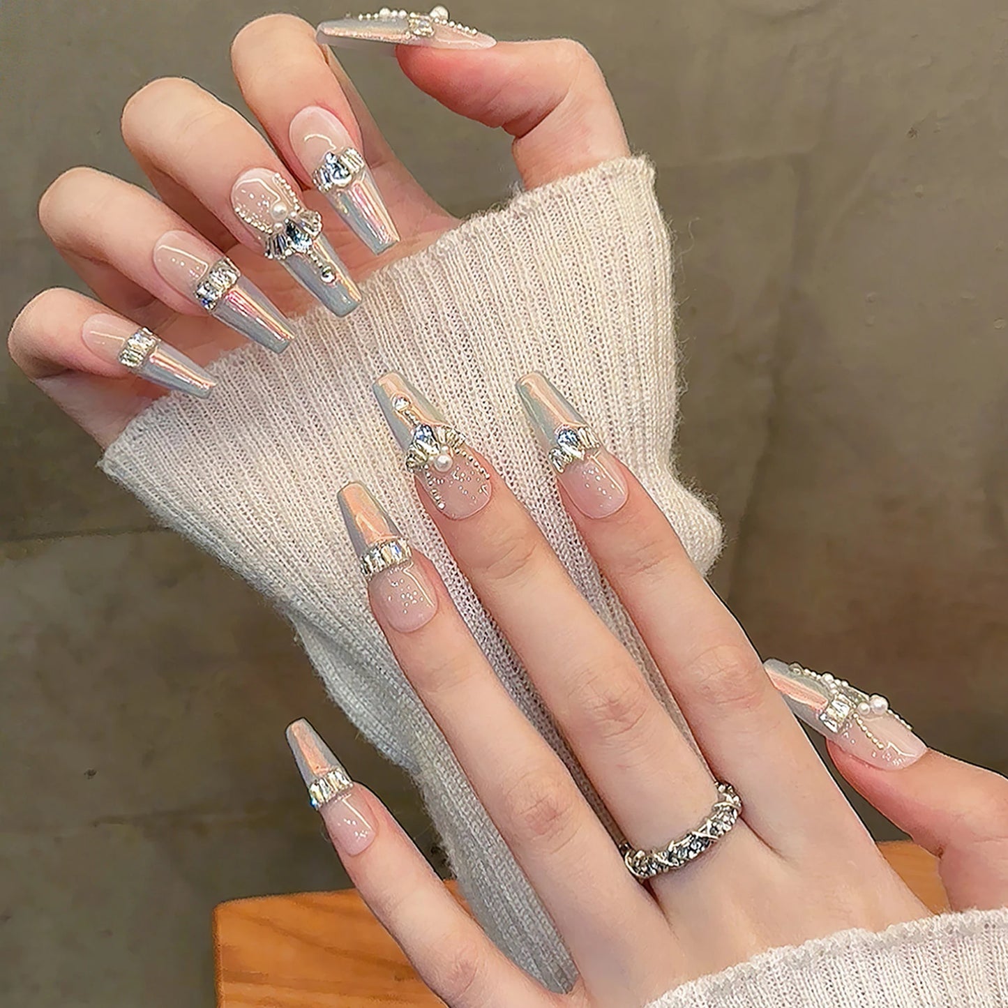 Handmade Press On Nails With Diamond Decor Flash Aurora French Tip Long Ballerina Fake Nails Luxury Wedding False Nails For Girl