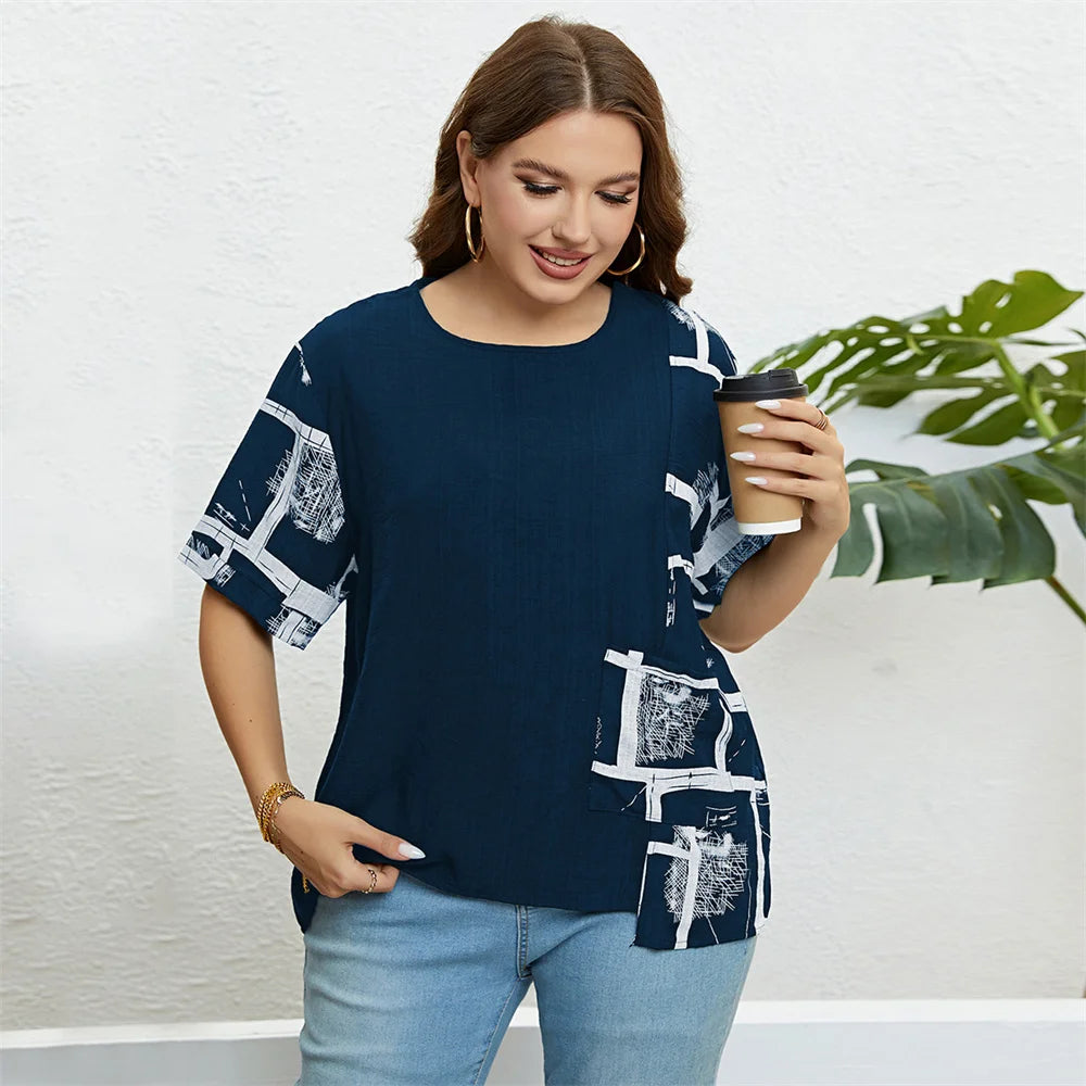 GIBSIE Plus Size Patch Pocket Loose Print T Shirt Women Summer New Fashion Korean O-Neck Short Sleeve Female Casual Tops 2023