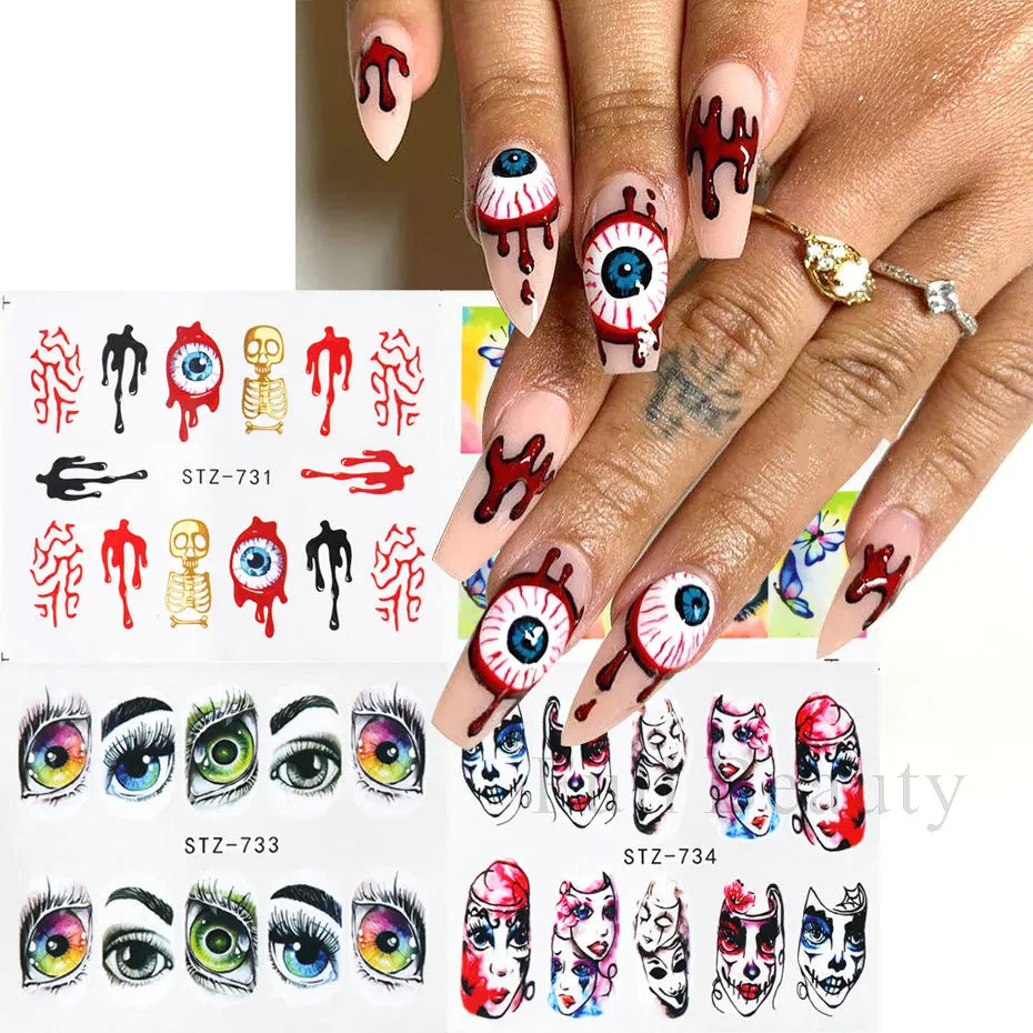 4pcs Clown Skull Bone Nail Stickers Cute Anime Sliders Halloween Water Decals Nail Art Decorations Manicure Wraps LASTZ735-738