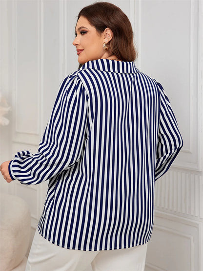 GIBSIE Plus Size Blue And White Striped Shirt Woemn Autumn New Polo Collar Long Sleeve Button Front Casual Loose Blouses Tops