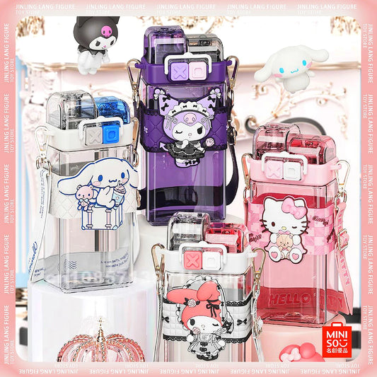 Sanrio Hello Kitty Cinnamoroll Plastic 520ml Bottle Double Drink Cup Cartoon Melody Kuromi Water Bottle Large Capacity Kids Gift