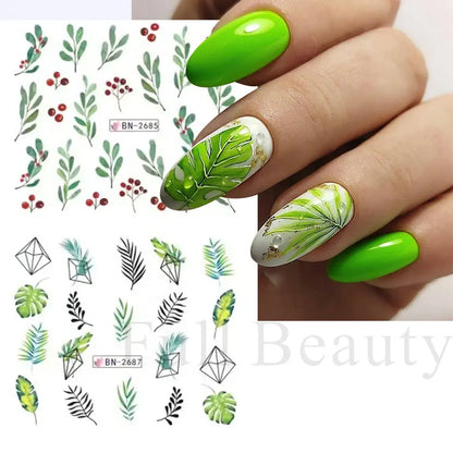 12pcs Green Palms Leaf Water Transfer Nail Sticker Summer Tropical Plants Decals Watermark Slider for Nail Art Decoration Tips