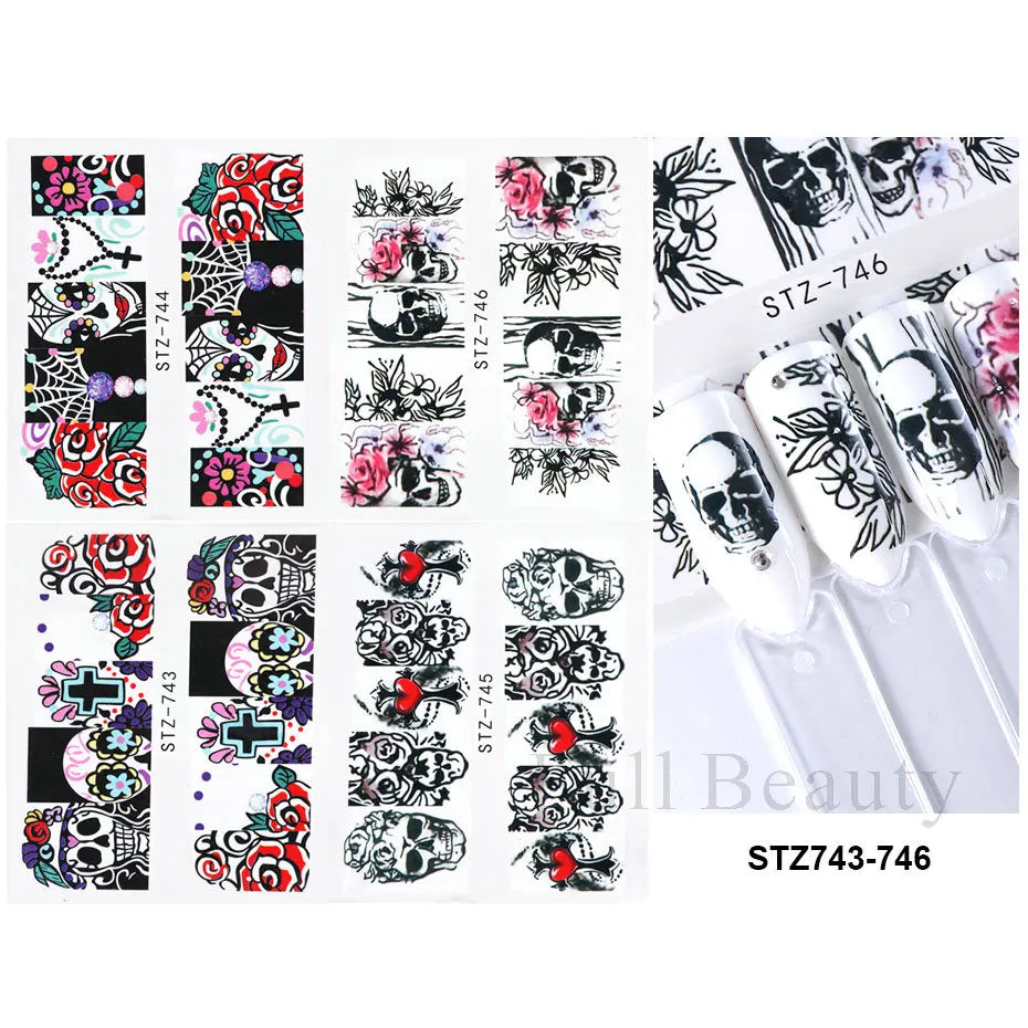 4pcs Clown Skull Bone Nail Stickers Cute Anime Sliders Halloween Water Decals Nail Art Decorations Manicure Wraps LASTZ735-738