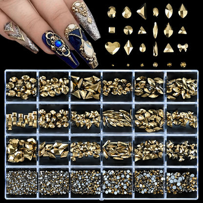 2000PCS Luxury Shiny Diamond Nail Rhinestones Pink/Gold/Black Crystal Nail Decoration Box Nail Charms Square/Round/Multi-shaped