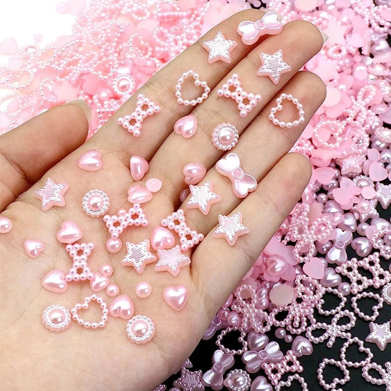 50/100/200Pcs Pearl Pink Bowknot Heart Shaped Nail Charms For Art Flatback 3D Flower Beads DIY Nail Decorations Bulk Accessories