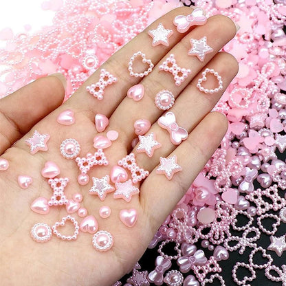 50/100/200Pcs Pearl Pink Bowknot Heart Shaped Nail Charms For Art Flatback 3D Flower Beads DIY Nail Decorations Bulk Accessories