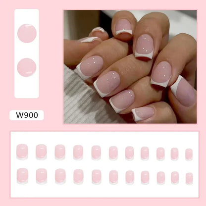 24Pcs/set Artificial Square Head Short Nail Art Fake Nails Girl Pink White French Removable False Nail Ballerina Press on Nails