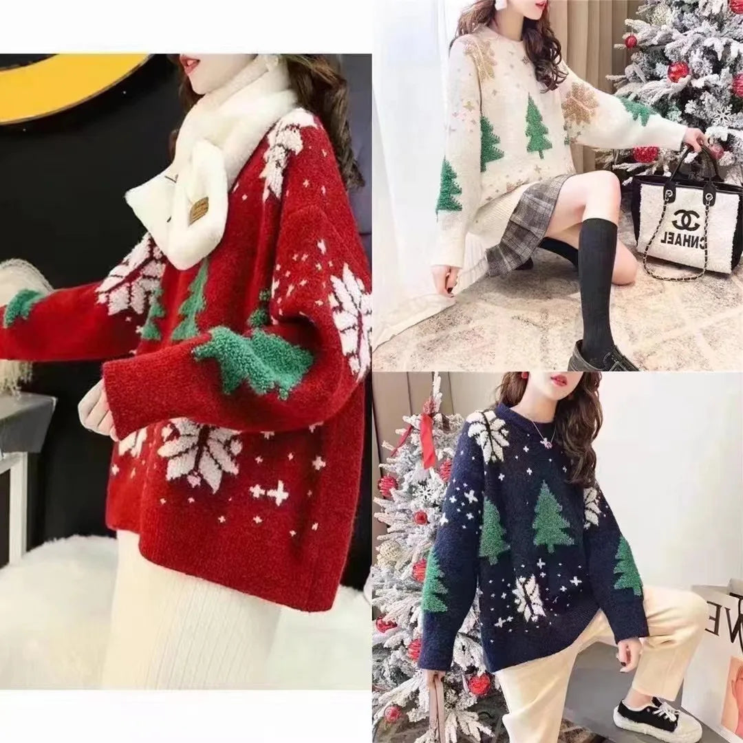 2024 Autumn/Winter New Korean Thickened Color blocked Christmas Sweater Women Hoodie Snowflake Loose Round Neck Lazy Style Tops