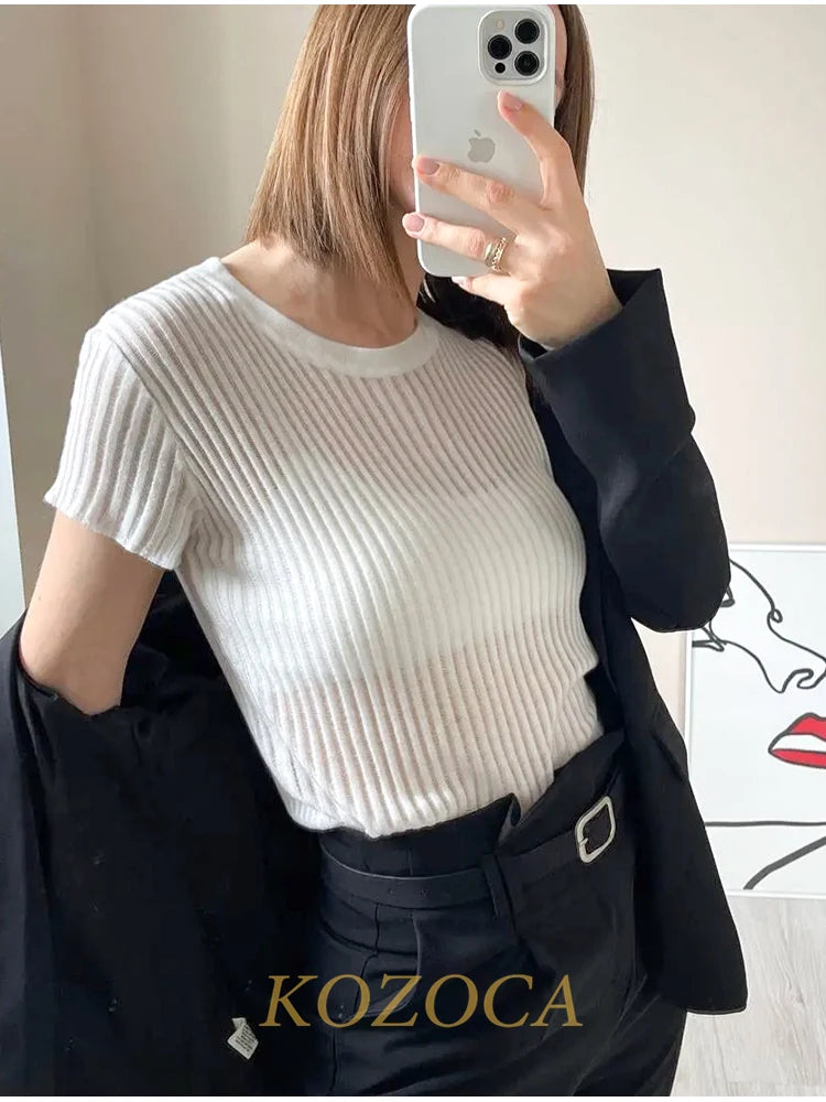 Kozoca 100% Wool Chic White Elegant Striped See Through Women Tops Outfits Short Sleeve T-Shirts Tees Skinny Club Party Clothes