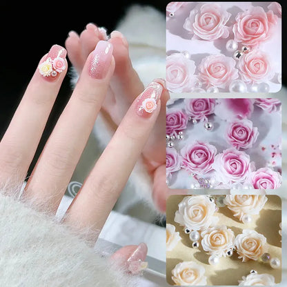 30Pcs Pink Rose Flower 3D Nail Rhinestone Decoration Nail Jewelry Colorful Mixed Pearl Beads Charms Valentine's Nail Arts Supply