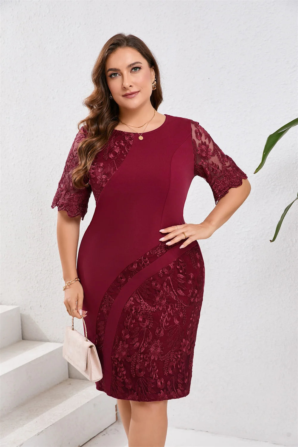 GIBSIE Plus Size Embroidered Lace Half Sleeve O-Neck Dress Women's Summer Autumn Cocktail Party Elegant Bodycon Midi Dresses