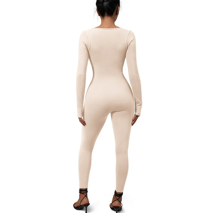 Bodycon Slim Jumpsuit For Women‘s Clothing Zipper Casual Brown Fitness Rompers Autumn 2024 Playsuit Activity Streetwear Overall