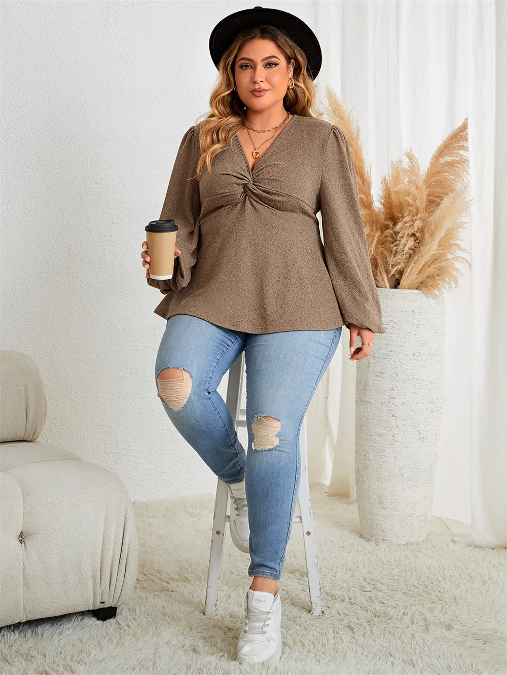 GIBSIE Plus Size Casual V Neck Twist Front Peplum Top Women Fashion 2023 Autumn New Vintage Full Lantern Sleeve Tunic Blouse