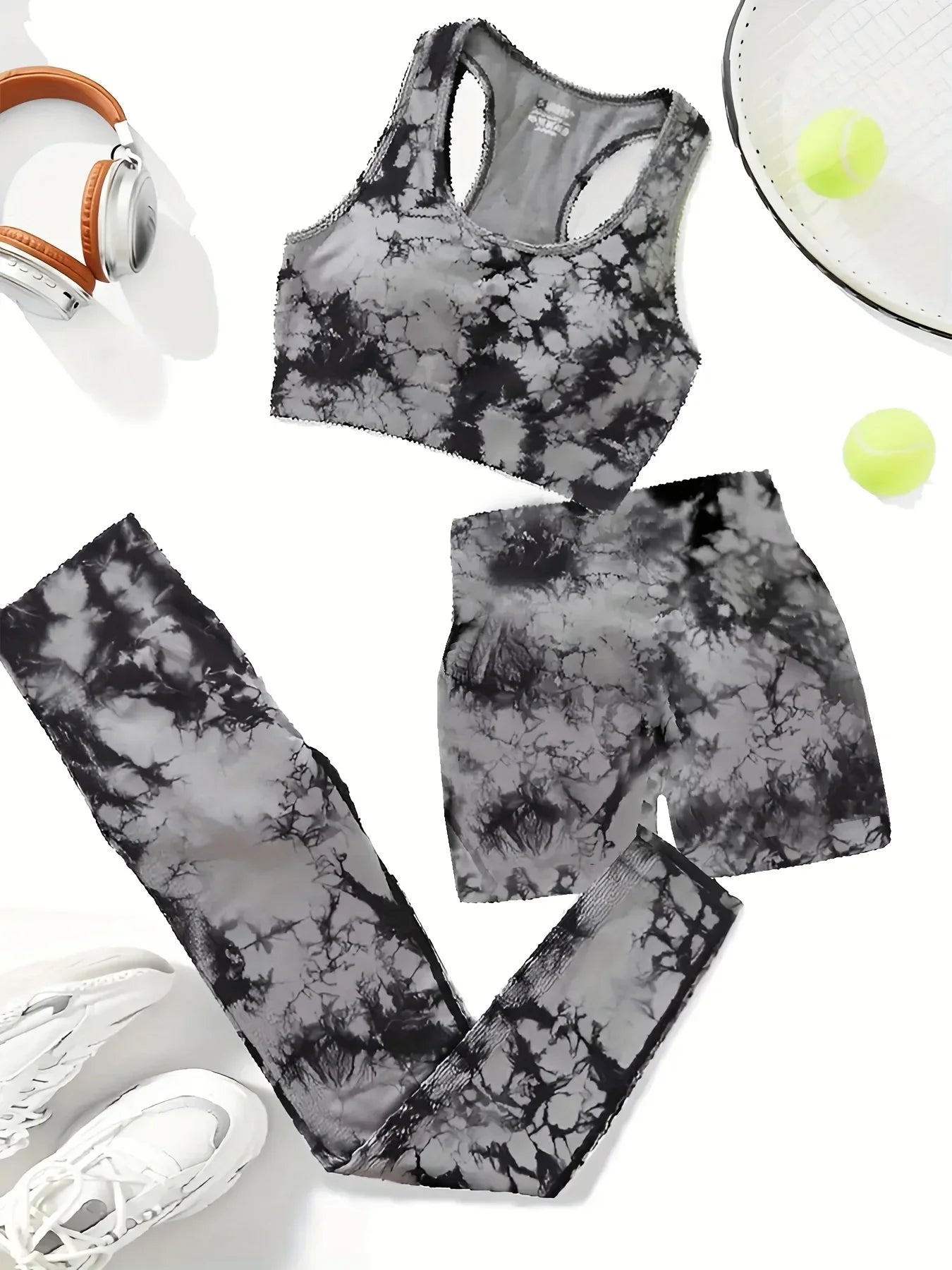 Women's 3-piece tie-dye activewear set, high stretch, knitted activewear, suitable for exercise, Pilates